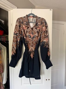 H&M Navy Paisley Long-Sleeve Tie-Waist Tunic